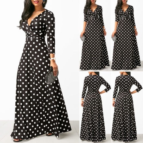 Women Polka Dot Boho Long Formal Dress Ladies V Neck Casual Party Dress  Autumn Clothing | Walmart Canada
